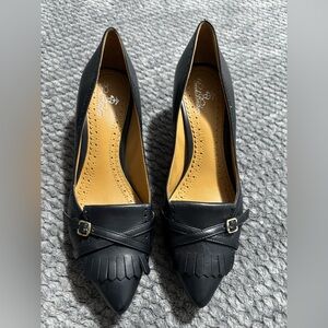 Brooks Brothers black leather fringe and buckle pointed toe heels. Size 7